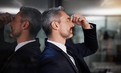 Image showing Window, business man and stress or headache, burnout and overworked in office. Senior male, entrepreneur and ceo frustrated, mental health and leader with depression, pain and tired in workplace