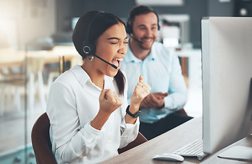 Image showing Call center, customer service and cheering with a woman consultant in her office for support or assistance. CRM, contact us and celebration with a female employee consulting using a headset at work