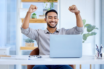 Image showing Businessman, laptop and celebrate success or win at desk with fist for bonus deal. Excited Asian man or entrepreneur with tech for profit, competition or online achievement and loan notification