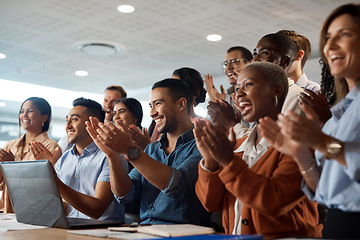 Image showing Applause, support and success with a business team clapping as an audience at a conference or seminar. Meeting, wow and motivation with a group of colleagues or employees cheering on an achievement