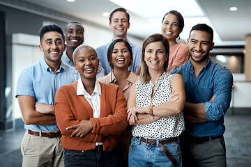 Image showing Diversity, portrait of happy colleagues and smile together in a office at their workplace. Team or collaboration, corporate workforce and excited or cheerful group of coworker faces, smiling at work