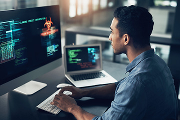 Image showing Programming, error and man with cyber security, typing and focus with digital software, scam and finance. Male person, programmer or coder with technology, internet connection or analytics with fraud