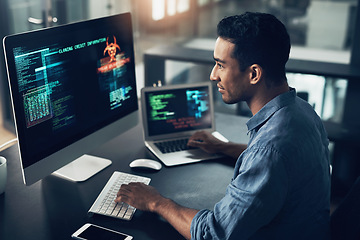 Image showing Programmer, screen and man typing, coding and internet connection with digital software, computer error and cyber security. Male person, employee or coder with technology, big data or cloud computing