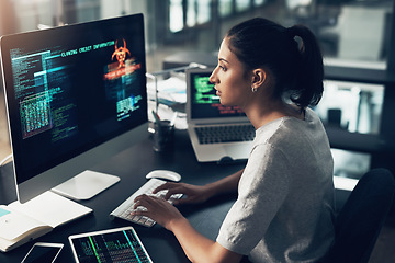Image showing Typing, woman and hacker, computer programmer or coder hacking data. IT, focus and female developer, engineer or person programming, coding and writing software for phishing, cyber security or virus.