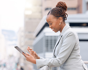 Image showing Technology, businesswoman with tablet and happy on a balcony outdoors. Social networking or connectivity, online communication and African female person with digital device writing an email on roof