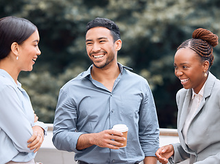 Image showing Business people, coffee break and funny group in city together outdoor. Team, tea and laughing employees in street, man and women, coworkers or friends in comedy discussion, comic chat and talking.