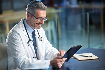 Image showing Healthcare, doctor and man with a tablet, typing and connection with online reading, innovation and internet. Male person, employee and medical physician with technology, website info or professional