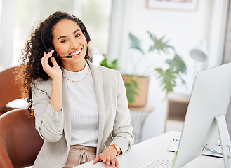 Image showing Call center, computer and portrait of business woman in office for customer service, contact us or communication. Sales, consulting and telemarketing with employee for help desk and technical support