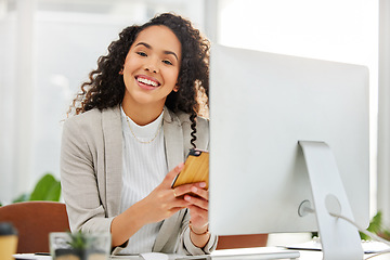 Image showing Computer, phone and portrait of insurance agent or business woman on social media, internet or web in a startup. Happy, online and employee or entrepreneur working on agency project in office