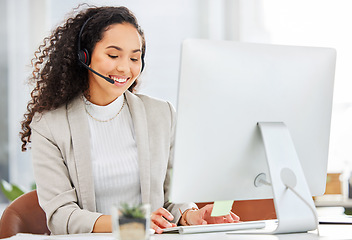 Image showing Call center, computer and business woman in office for customer service, contact us or communication. Sales, consulting and telemarketing with female employee for help desk and technical support