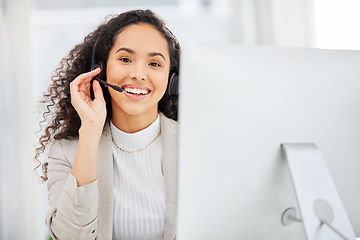 Image showing Call center, online and portrait of business woman in office for customer service, contact us or communication. Sales, consulting and telemarketing with employee for help desk and technical support