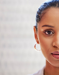 Image showing Half, serious portrait and woman face isolated on blurred background, business marketing space and promotion. Serious, empowerment and professional or young african person, worker or employee zoom