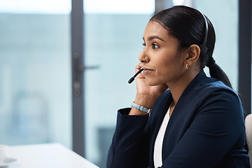 Image showing Telemarketing, listening and business woman in call center office for customer service, help desk or technical support. Crm, contact us and female sales agent, consultant or employee working with mic