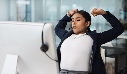 Image showing Call center, fatigue and tired woman stretching at desk after consulting in crm, customer service or contact us in office. Telemarketing, burnout and lady consultant stretch after online support work