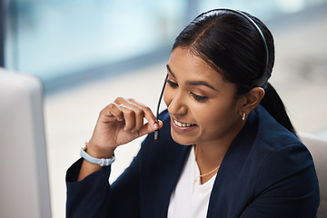 Image showing Smile, telemarketing and business woman in call center office for customer service, help desk or technical support. Crm, contact us and female sales agent, consultant or employee working on computer.