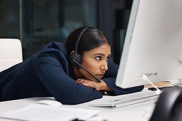 Image showing Tired, call center problem and a woman with a computer for online service, support stress and frustrated. Sad, bored and a customer care employee reading an email on a pc at a telemarketing job
