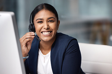 Image showing Happy call center, portrait and a woman with a computer at a desk for telemarketing support. Smile, contact us and a customer care employee talking with a headset for advice and help and online sales