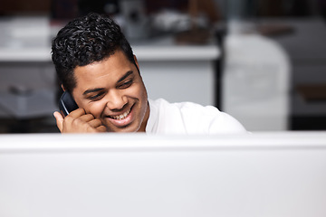 Image showing Telephone, call and happy business man in office talking, smile and planning, contact and networking. Landline, conversation and cheerful male person in discussion, negotiation or startup proposal