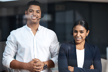 Image showing Call center, team and portrait of customer service consultants with confidence in office. Happy, communication and professional young telemarketing agents with headset for crm standing in workplace.