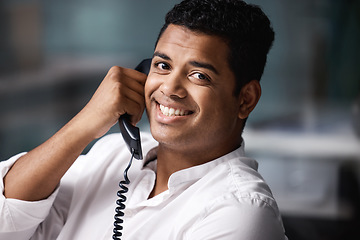 Image showing Landline, portrait and happy business man in office talking, smile and sales contact for networking. Telephone, conversation and face of male person on call, consulting or telemarketing discussion