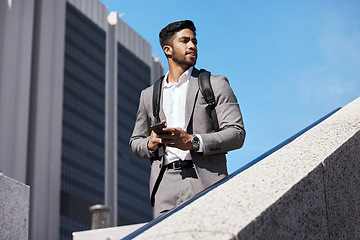 Image showing Phone, city and businessman walking on stairs by building for travel while thinking. Confidence, technology and professional male employee browsing on cellphone commuting to work in urban town street