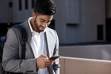 Image showing Happy, city connection and a businessman with a phone for social media, chat or reading an email. Smile, typing and an employee on a mobile app for a gps or notification during a morning commute