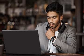 Image showing Thinking, laptop or businessman with research in cafe reading news for online stock market update. Pensive, remote work or trader working on solution or trading in coffee shop on digital technology