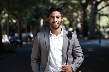 Image showing Portrait, business man and smile in city for travel, morning commute and urban journey outdoor. Corporate male worker, happiness and confidence in street with pride, professional commitment and bag