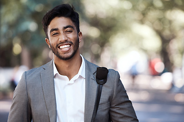 Image showing Portrait, business man and laughing in city for travel, morning commute and urban journey outdoor. Happy corporate, male employee and smile with confidence, pride or professional commitment in street