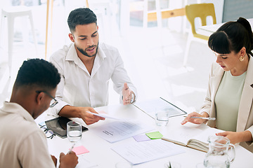 Image showing Planning, meeting and business people with teamwork, brainstorming and manager discussion of documents. Company paperwork, project Ideas and woman with men or team talking in office collaboration