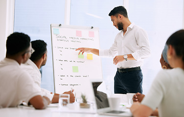 Image showing Meeting, presentation and business people with manager on whiteboard for social media marketing, ideas and planning. Presenter or man speaking to employees, brainstorming and training for job project