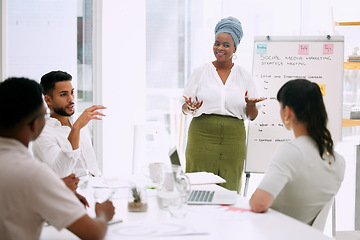 Image showing Whiteboard, presentation and business woman in meeting for social media marketing, ideas and planning strategy. Presenter or african person speaking to employees, brainstorming and training questions