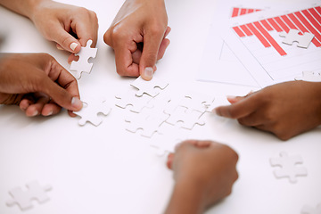 Image showing Puzzle, hands and group of people in solution, teamwork and data goals, charts or graphs connection. Team building, mission and development of women and men problem solving, synergy or collaboration