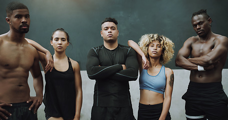 Image showing Gym, fitness and portrait of men and women in serious sports club for training, exercise and workout class. Diversity, focus and group of people ready for challenge, wellness and strong bodybuilding