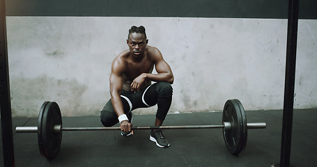 Image showing Weightlifting, fitness and portrait of black man with barbell in gym for training, exercise and workout. Strong body, muscle and male bodybuilder lift weights for challenge, wellness and strength