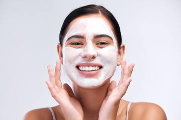 Image showing Skincare, face mask and portrait of a woman in a studio for natural, cosmetic and beauty routine. Wellness, health and female model cleaning her skin with facial cleanser isolated by white background