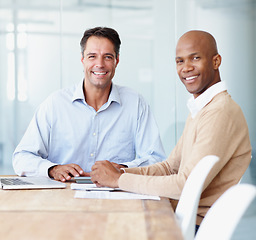 Image showing Business, portrait and happy men in a meeting with documents for planning, brainstorming and idea in office. Face, smile and people in creative collaboration for startup, mission and company goal