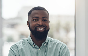 Image showing Black business man, portrait and smile by window with happiness, pride and entrepreneurship at startup. African businessman, face and happy manager at company, success and confidence in finance job