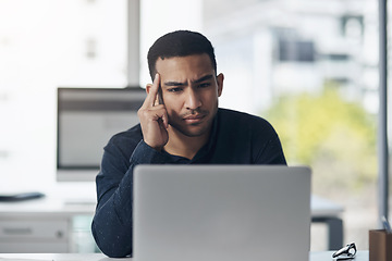 Image showing Employee, confused or man with a laptop, tired or doubt with internet connection, glitch or error. Male person, professional or entrepreneur with fatigue, pc or frustration with burnout or exhaustion