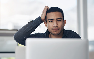 Image showing Business, confused and man with a laptop, stress and schedule with internet connection, thinking and online reading. Male person, employee and entrepreneur with a pc, anxiety and glitch with error