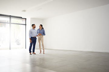 Image showing Real estate, agent and man with property, client or showing house or home, negotiation or deal. People, empty room or consultant with a woman realtor, sale or apartment building to rent or space