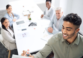 Image showing Presentation, writing and people in business meeting, manager or presenter training, ideas and planning. Happy man on whiteboard for proposal, pitch and clients or staff with startup notes or agenda