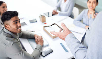 Image showing Presentation, speaker and business people listening to manager, boss or presenter talking, sales and proposal. Happy women, men and leader hands in discussion, training and meeting update or agenda