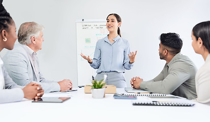 Image showing Presentation, woman speaker and team in business meeting, market research and economy strategy workshop. People at training seminar, leadership and brainstorming collaboration at finance firm