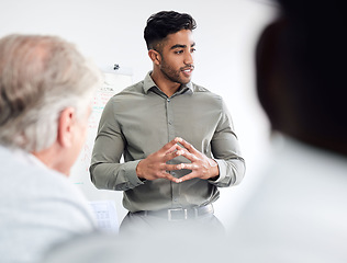 Image showing Business meeting, leadership and man speaking, discussion or creative staff update for project proposal, ideas and feedback. Startup, agenda and design manager, people or speaker talking to clients