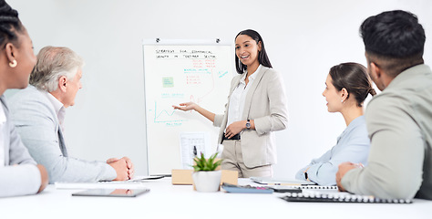 Image showing Presentation, woman speaker and team in meeting with market research and economy strategy workshop. Business people at training seminar, leadership and brainstorming collaboration at finance firm