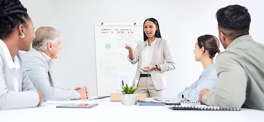 Image showing Presentation, whiteboard and business people with speaker, manager or presenter in finance, statistics and growth charts. Questions, proposal and woman speaking to audience, training staff or clients