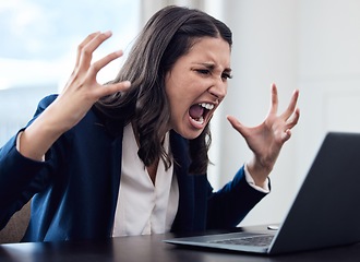 Image showing Professional, woman and shouting with anger with laptop at the office with problem online work. Female employee, frustrated and shout at computer with stress, screaming, angry at a corporate company.