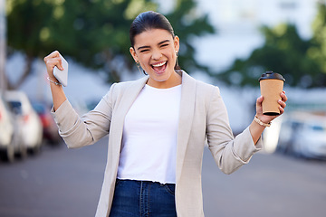 Image showing Portrait, business and woman with a smile, celebration and winning with victory, excited and employee. Face, female person and entrepreneur in a city, success and happiness with energy and motivation