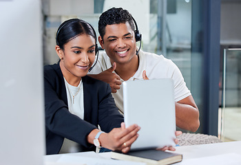 Image showing Selfie, happy people or team in call center with tablet with smile on fun break together in telecom office. Woman, friends or customer service interns taking pictures for social media photo at job